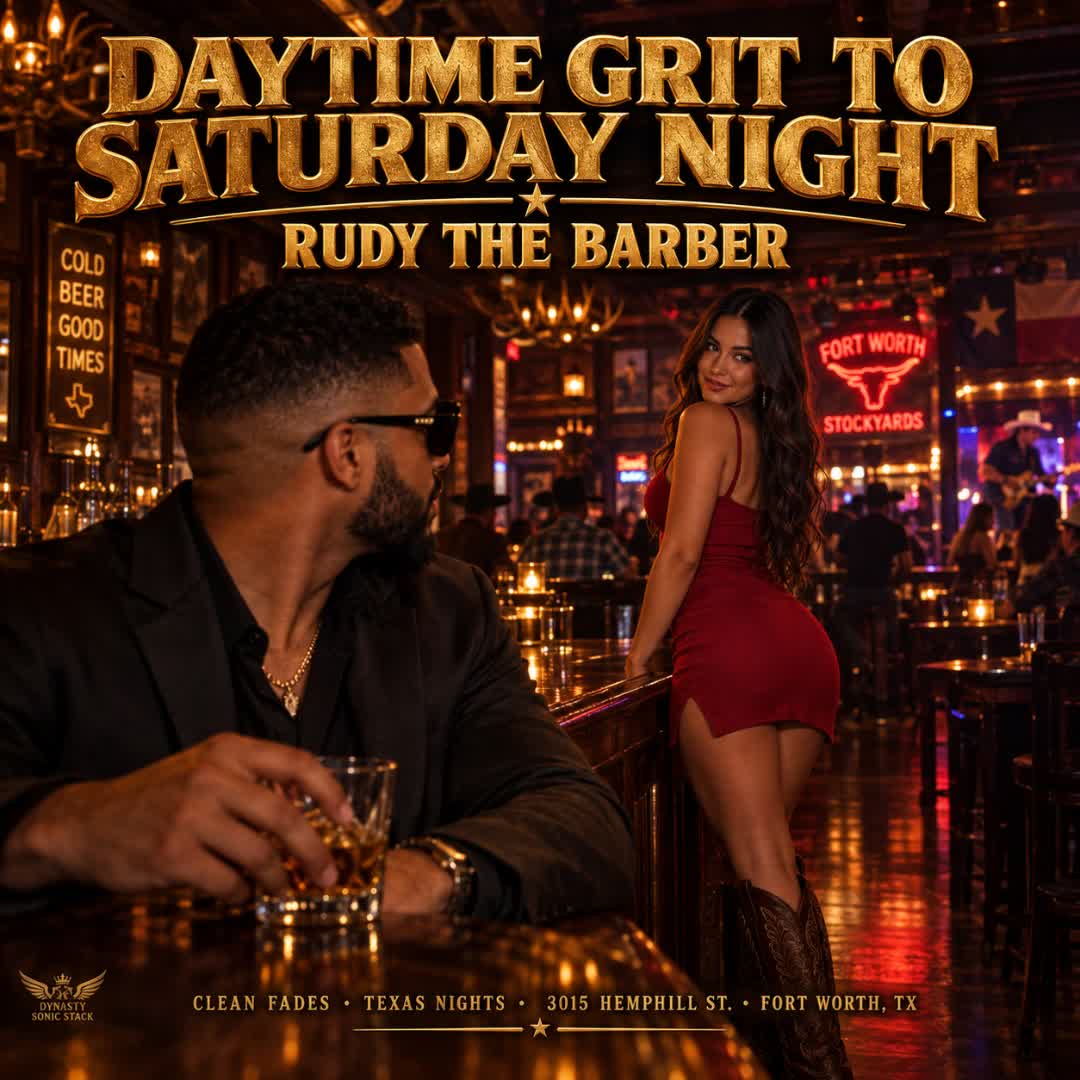 Daytime Grit to Saturday Night, Rudy the Barber. Official cover with a man at the bar and a woman in a red dress and cowboy boots.